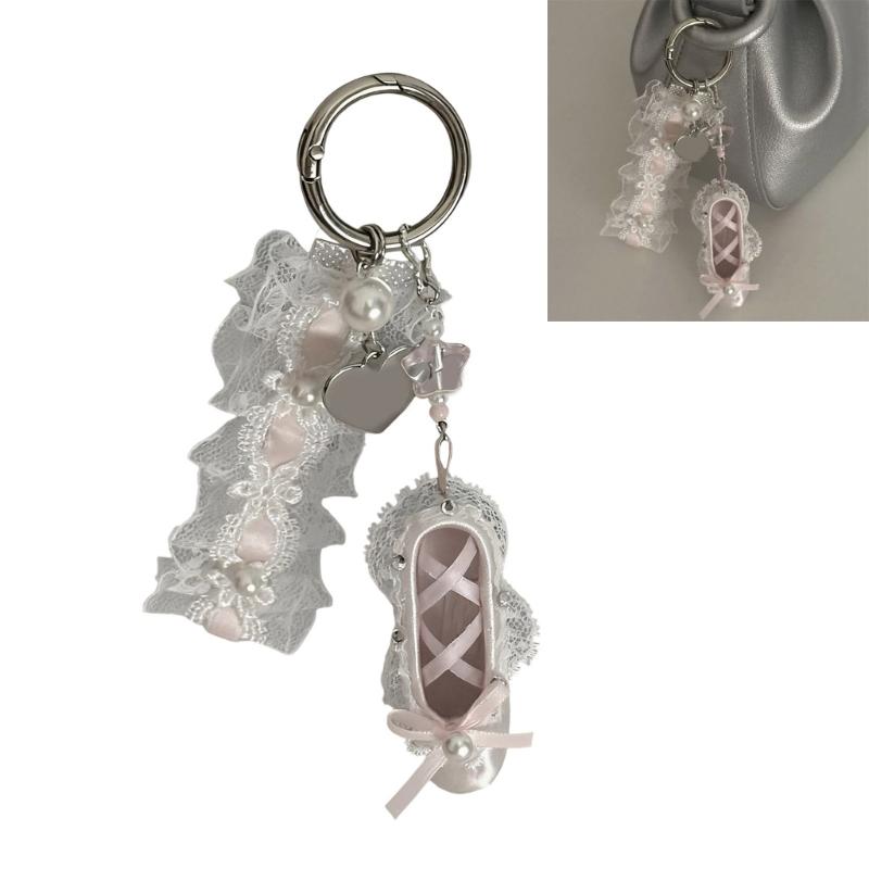 Unique Dance Shoe Shaped Keyring With Crystal Beads and Ribbon for Bag Decoration