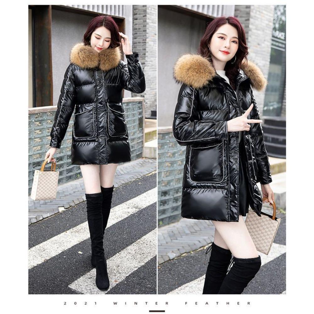 Geacă de puf lucioasă medie și lungă pentru femei, modă de iarnă, guler de blană detașabil, călduroasă, geacă leave-in