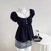 T-shirt casual da donna alla moda a pois con scollo a U, vita stretta, manica corta