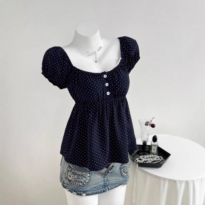 Women Casual Fashion Polka Dot U Neck Waist Cinched Short Sleeve T Shirt