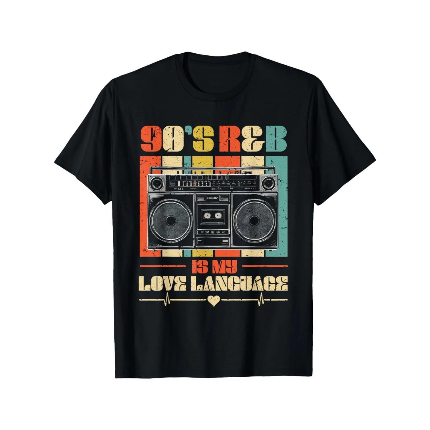

90s R&B Music Retro Tshirt Retro Handheld Audio and Tape Pattern Printed T-shirt Black Retro 90s Rap and R&B Enthusiast Clothing S чёрный