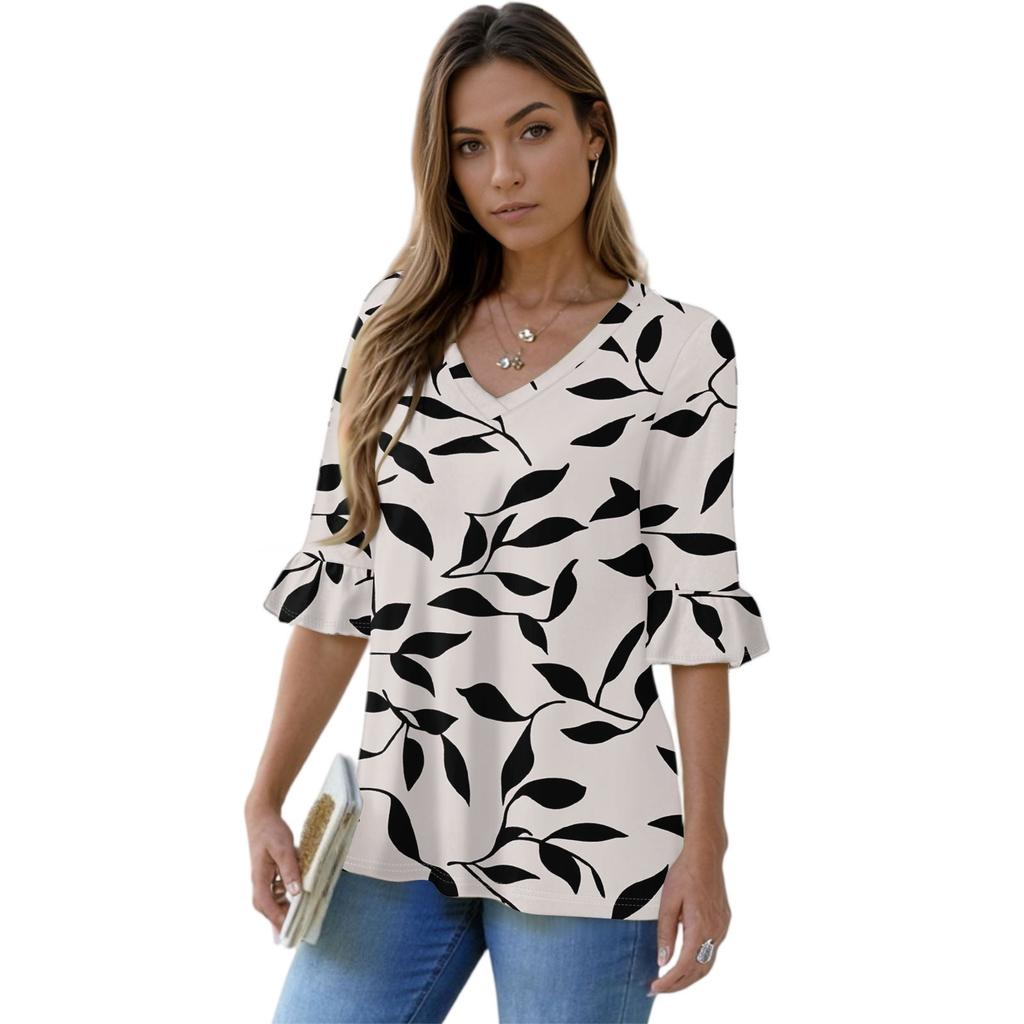 Women's Casual 3/4 Sleeve Tops V-Neck Sleeve T-Shirt Floral Print Tops