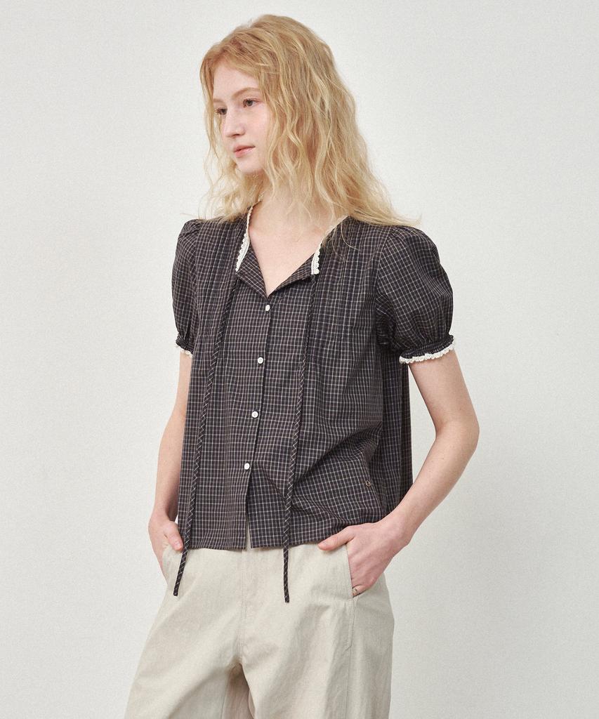 OSTKAKA Pintuck Lace Blouse Gray Check