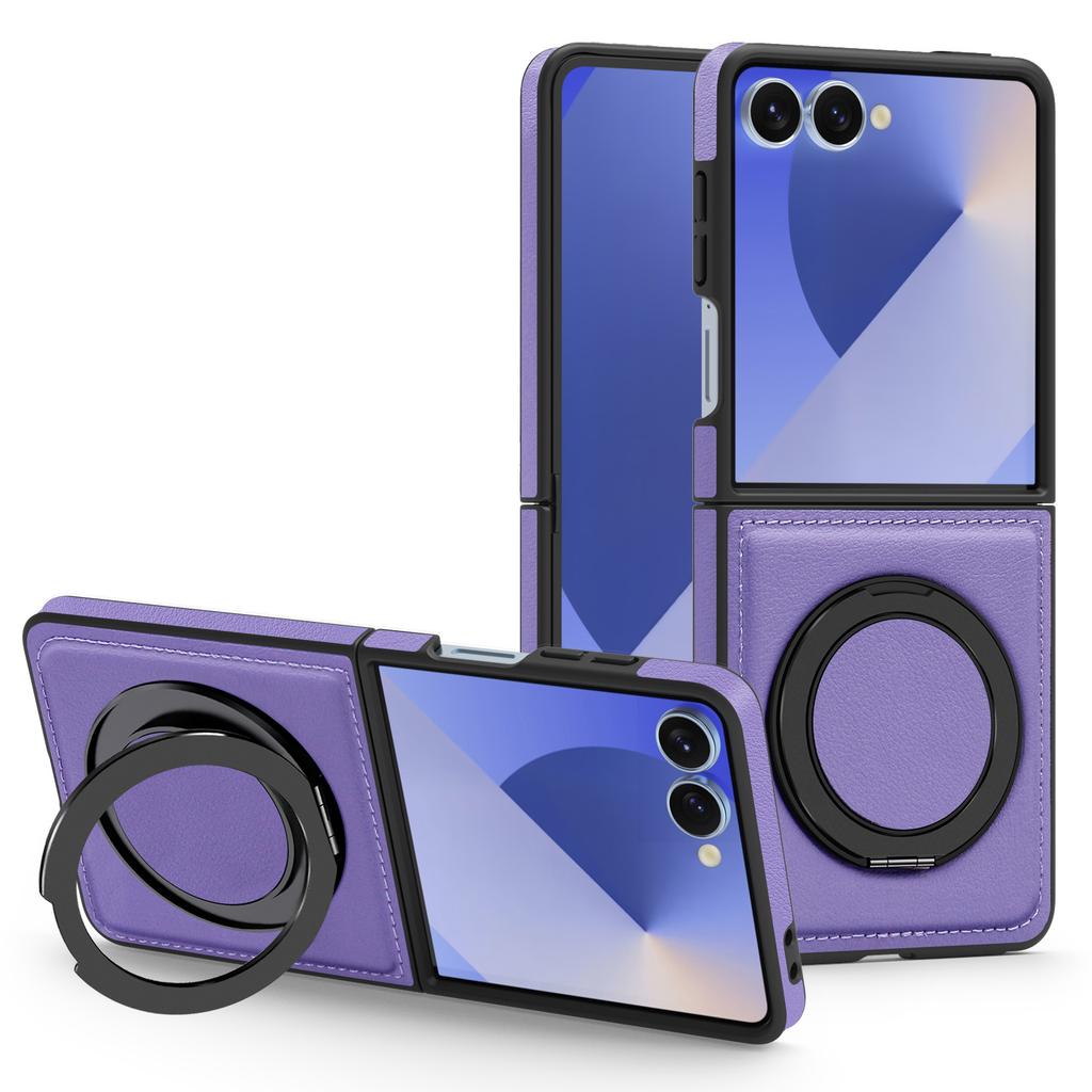 For Samsung Galaxy Z Flip7 5G Case with Ring Kickstand Compatible with MagSafe PU Leather Back Cover