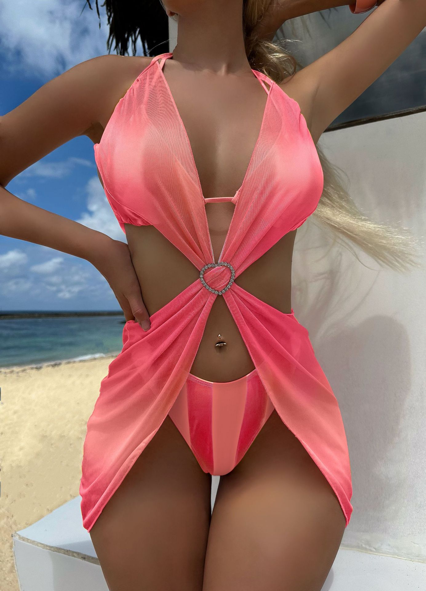 European and American stripes gradual change love mesh skirt three-piece swimsuit swimsuit bikini bikin S