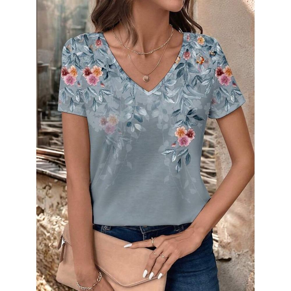 Women's Trendy T-Shirt Flowers Graphics Fashion Short Sleeved V-Neck Regular Tops Daily Print Tee 2025  Summer Y2K Casual Tops
