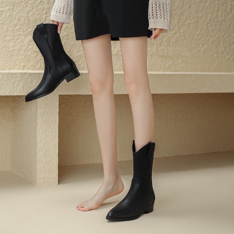 Skinny Pointed Cowboy Boots Women's New Boots Thick Heel Medium Tube Martin Boots Retro Brown Knight Boots