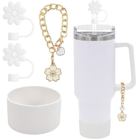 Accessories for Stanley Cup Set,2Pcs Flower Straw Cover Caps 10mm Reble Brown Straw Toppers,1Pcs Cute Handle Charm and 1Pcs Silicone Boot Sleeve for