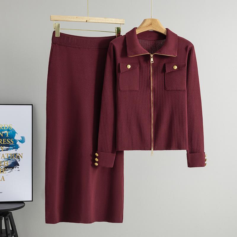 Women's Polo Collar Zipper Cardigan & Knit Skirt Two-Piece Set - Spring/Autumn Fashion.