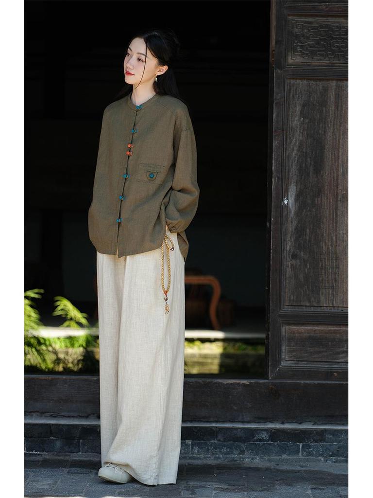 Women's Retro Cotton Linen Color Block Frog Button Cardigan Shirt