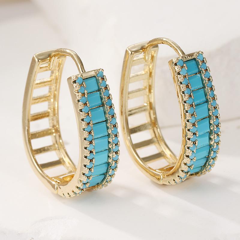

Vintage Gold Color Imitation Turquoise Hoops Earrings Woman Square Hollow Party Daily Wear