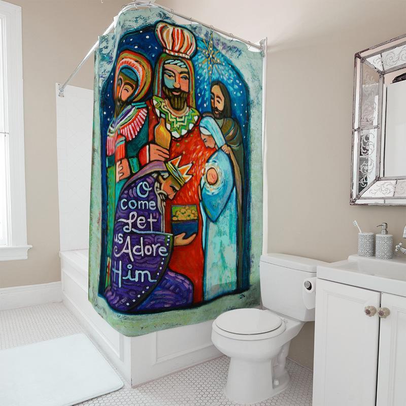 Vibrant Nativity Shower Curtain For Christmas Decorations Handmade Artistic Religious Home Decoration.