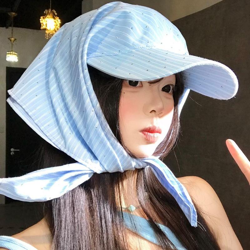 Japanese Rhinestone Stripe Design Strappy Triangle Headband Hat Women's Spring and Summer Fashion Y2k Street Shade Baseball Cap