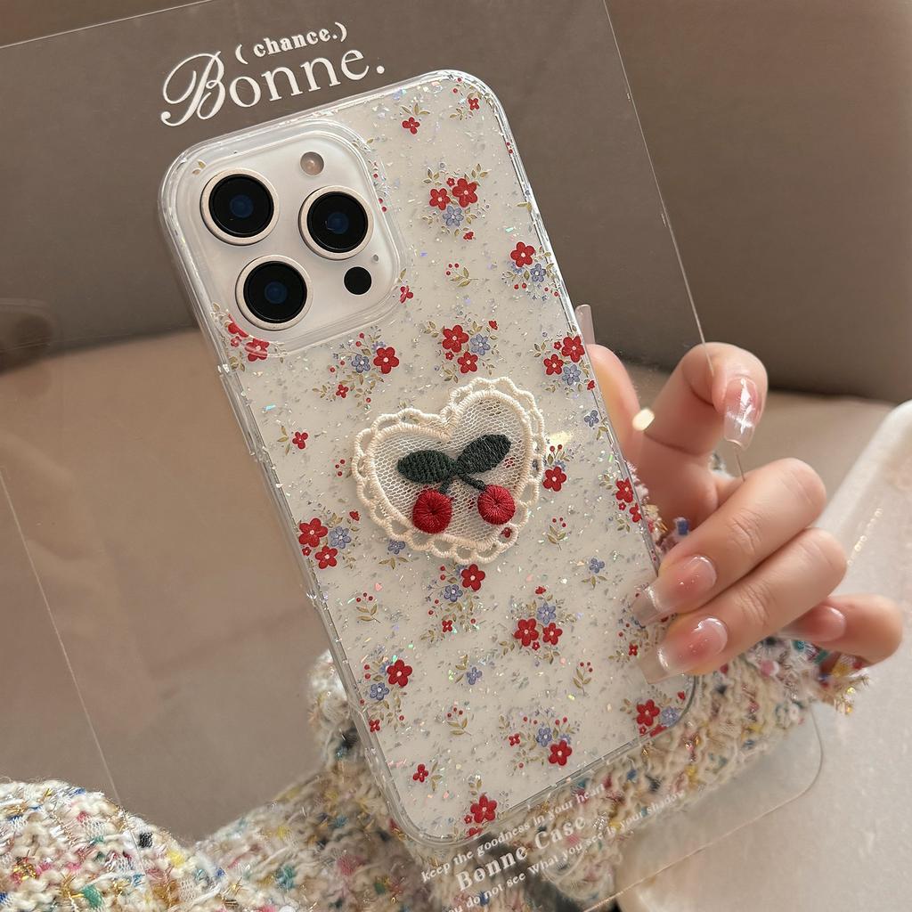 Gentle Cherry Florals Suitable for Apple 17promax Mobile Phone Case 15 Glitter Powder Iphone14 Art 11 Transparent 13