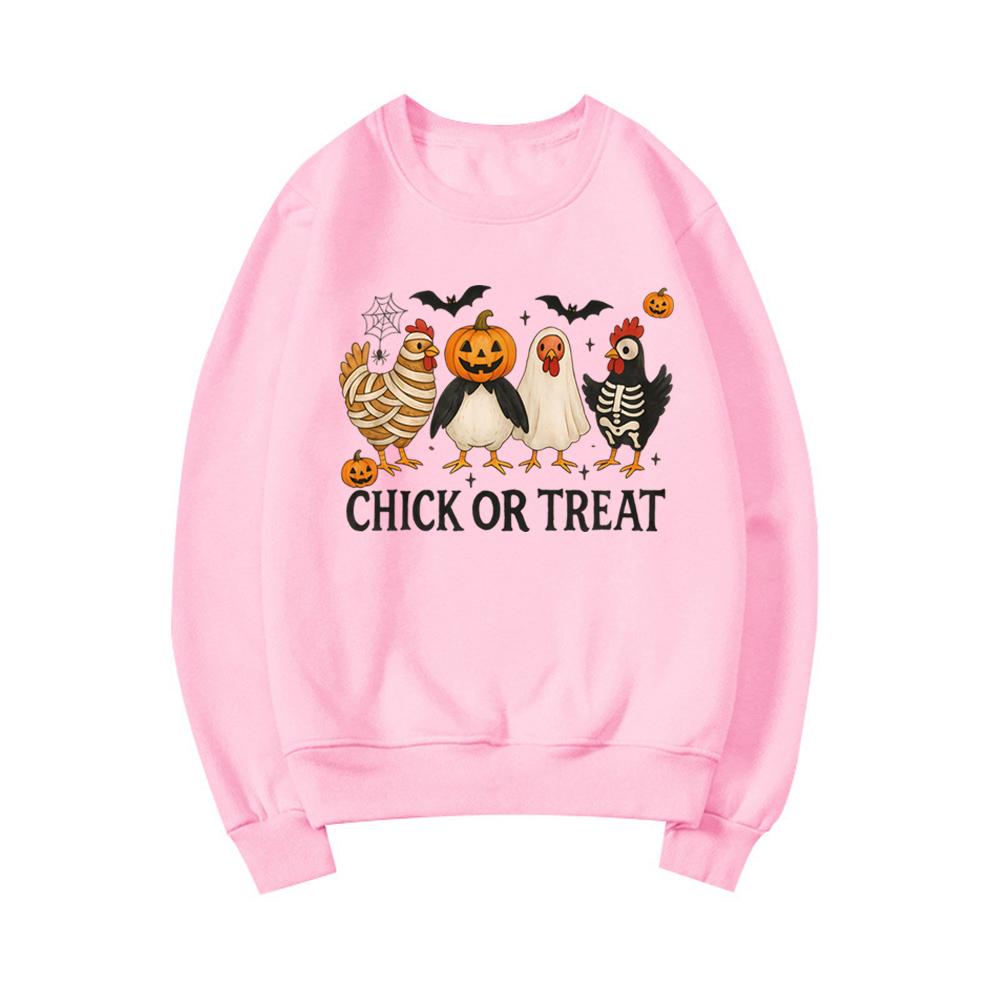 Chick or Treat Sweatshirt Spooky Chicken Halloween Sweater Long Sleeve Women's Sweatshirts Funny Halloween Chicken Hoodie Tops