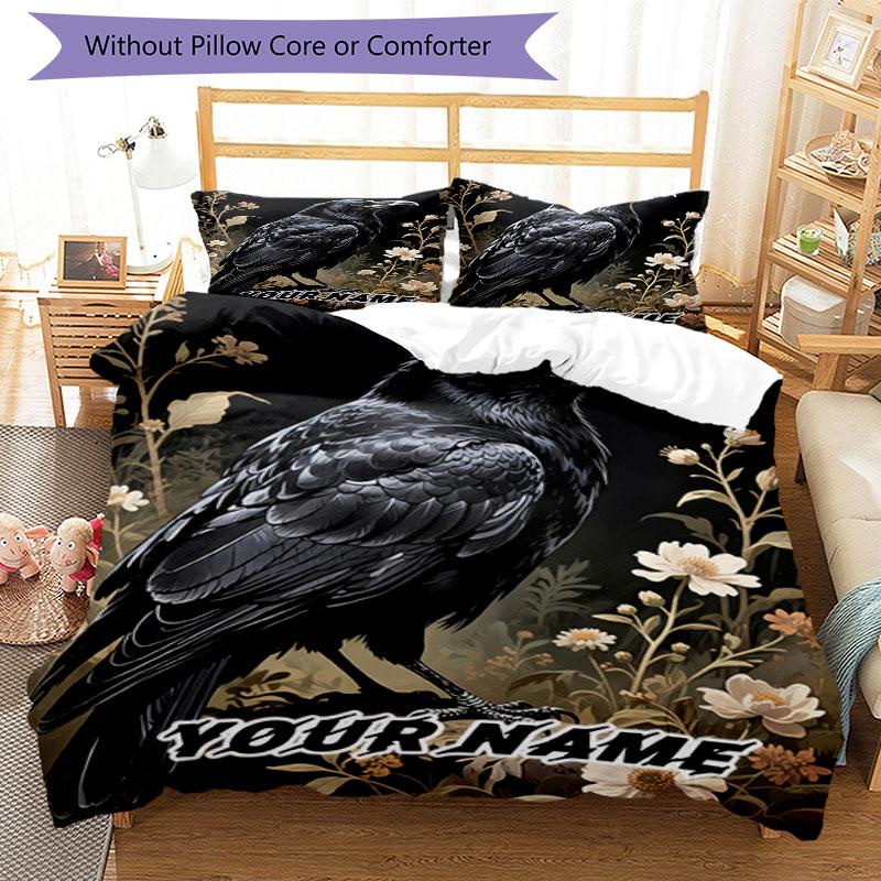 3PC Custom Name Raven Floral Garden Bedding Set Duvet Cover Closure Includes 1 Duvet Cover & 2 Pillowcases for Bedroom