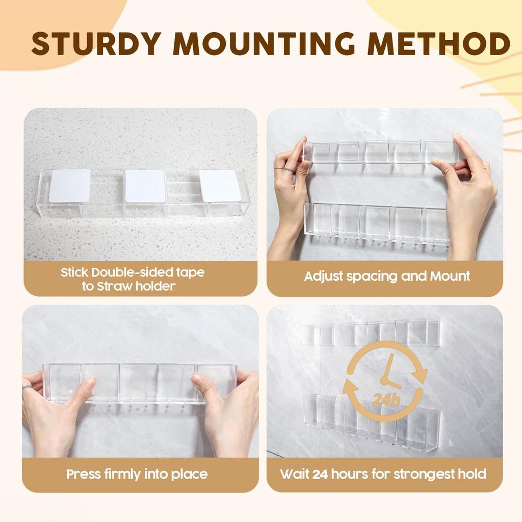Clear Straw Holder for Cabinet Door, Acrylic Adhesive Straw Organizer for Saves Space Inside Cabinet Door & Kitchen Counters Storage