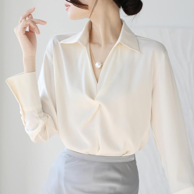 Office Lady Satin Casual Loose Shirts for Women Spring and Autumn Professional Long Sleeve Blouses Women Tops Slim Fit Temperament Elegant Shirt 26067