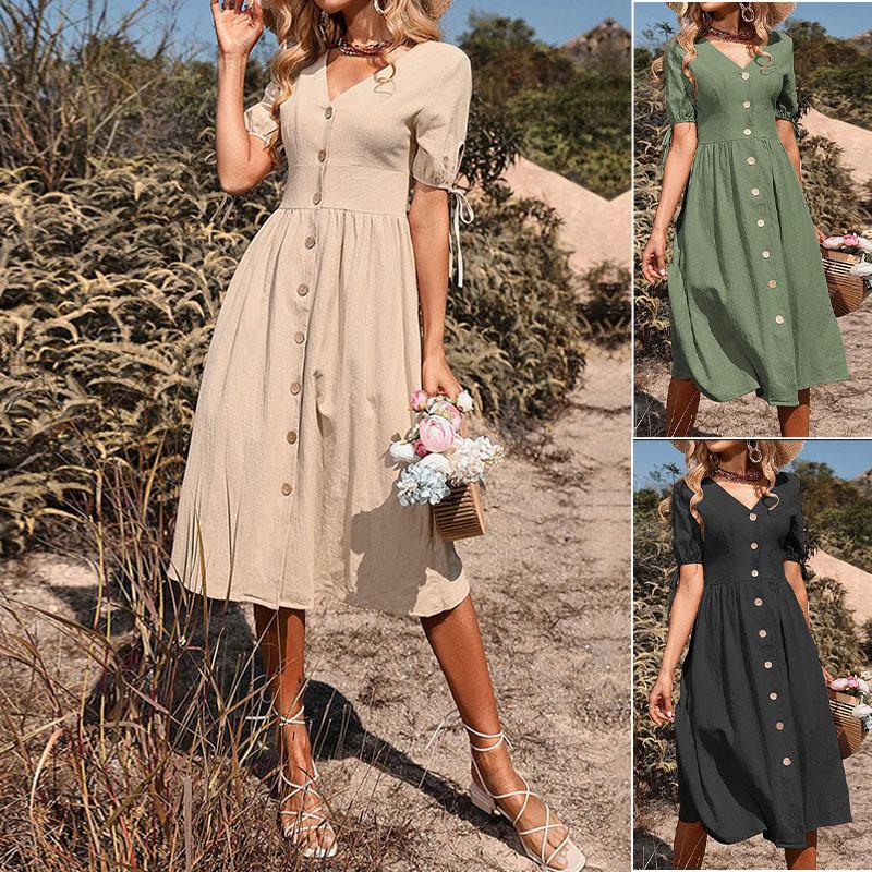 Amazon Independent Station cross-border explosion summer new women's clothing short-sleeved solid color V-neck A-word commuter dress