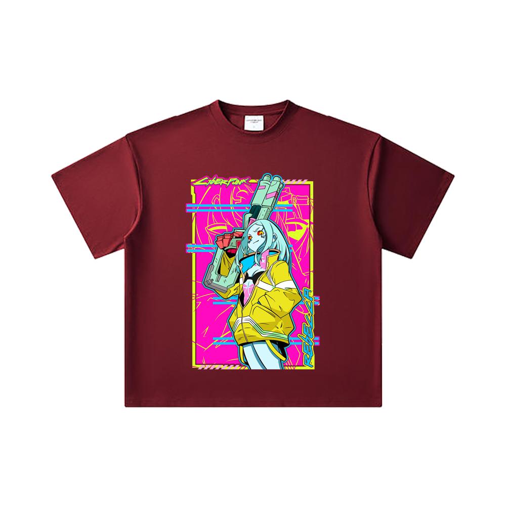 260 GSM Doppelgarn 32er Zählung 100% Baumwolle Cyberpunk Edgerunners V6 Rebecca Druck Unisex Schweres Baumwoll-T-Shirt