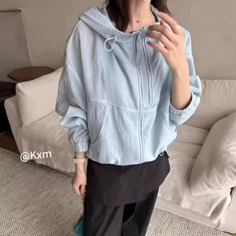 Women's Summer Korean Style Hooded Short Jacket, Versatile and Loose with Double Zipper, Mesh Lining, Sun Protection, Thin.