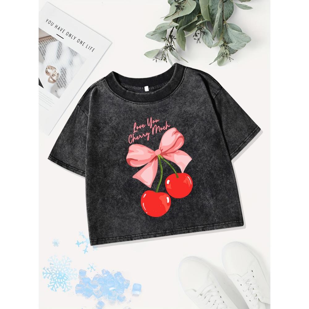 

Летние хлопковые кроп-топы женские Я очень тебя люблю Принт вишни Выстиранная футболка Обычная посадка Футболки Одежда Y2K M