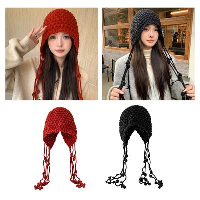 Niedliche Strickmütze mit Ohrenklappen Mütze Damen Winter Warm Weich Gestrickte Wollmütze Häkelmütze mit Quasten Beanies Mütze