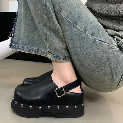 Summer Trendy Platform Mules Shoes For Women Genuine Leather Rivet Slip-on Punk Chunky Heels Women Flat Pumps