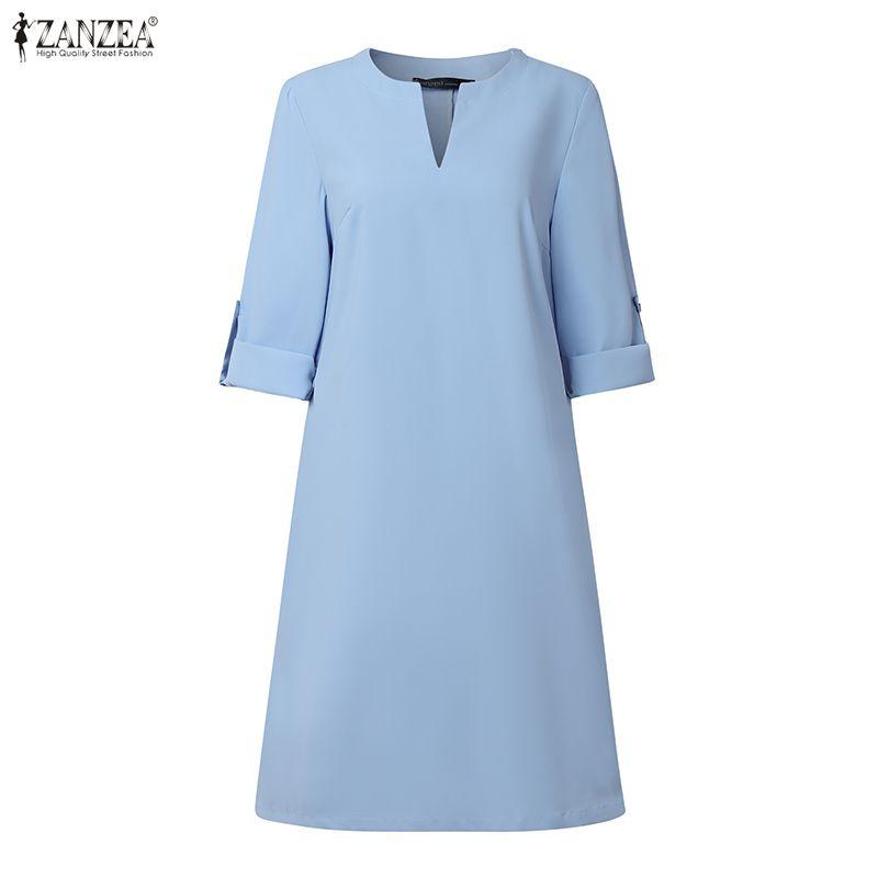 ZANZEA Women Casual V-Neck Summer 3/4 Sleeve Plain Dress