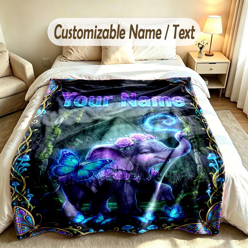 Elephant Theme Soft Blanket Personalized Custom Name Text Print Warm Blanket Home Sofa Bedroom Decor