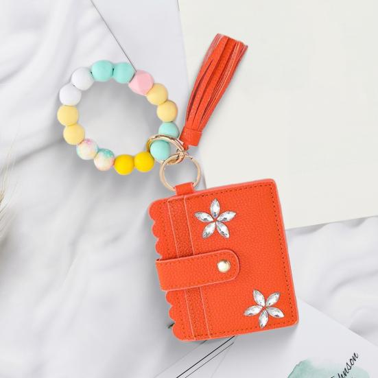 RFID Shielded Card Holder with Rhinestone Flower And Beads Decor Women Wristband Wallet Keychain Faux