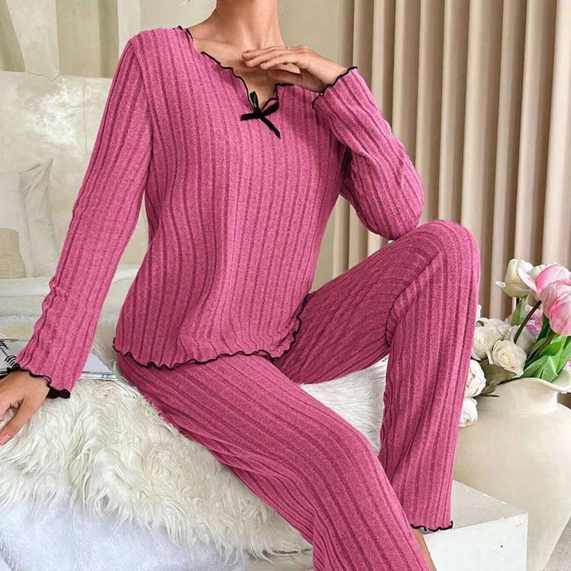 Dámské podzimní zimní žebrované pyžamo Dvoudílný set top s dlouhým rukávem a dlouhé kalhoty Ležérní domácí oblečení