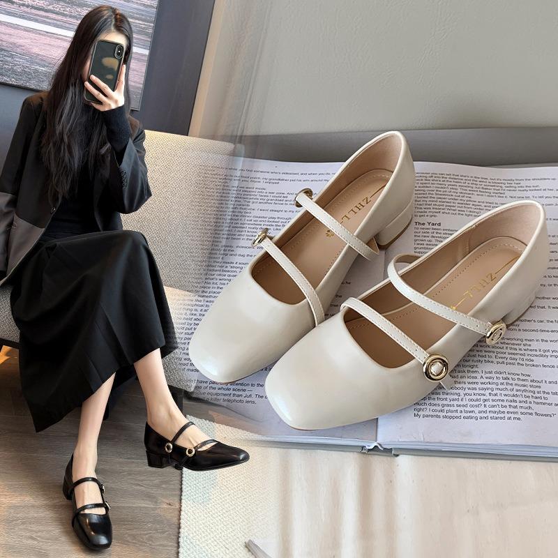 Mary Jane women's single shoes college style word with thick heel single shoes widened and fattened large size women's shoes