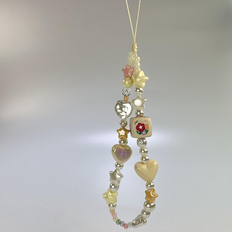 Y2K Korea Flower Stars Beaded Phone Lanyard Ins Style Phone Chain Anti Lost Wristband Keyring Girly Sweet Ccd Camera Pendant