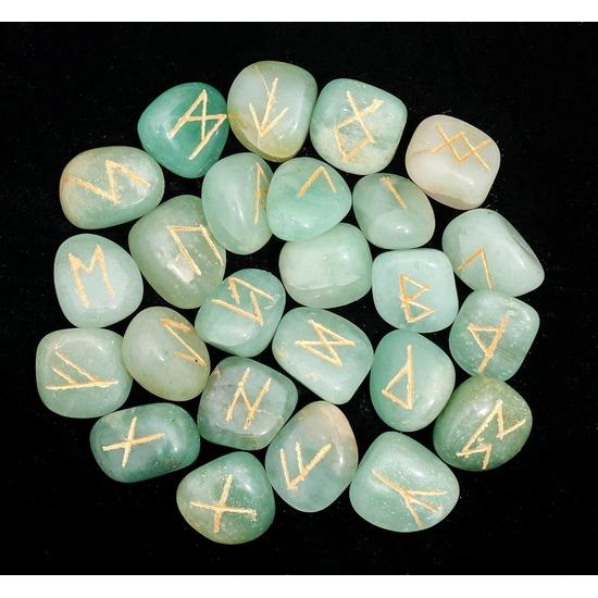 Crocon Grüner Jade Edelstein Runenstein mit Älterem Futhark Alphabet Graviertes Symbol 25 Stück Set : 15-25 mm