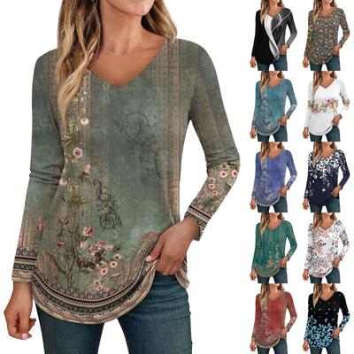Womens Long Sleeve Tops V Neck Shirts Casual  Flower Print Basic Trendy Tee Blouses Fall Tunic Outfits Fitted T Shirts