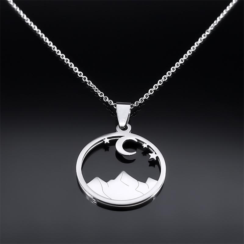 Moon Star Desert Scenery Necklace for Women Men Stainless Steel Silver Color Mountain Necklaces Jewelry Collier Femme N7242S02