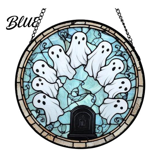 Ghost Lantern Props Halloween Stained Glass Suncatcher Ornament Vintage Hanging Window Decor with Pumpkin Bat Witch Weather Resistant Yard