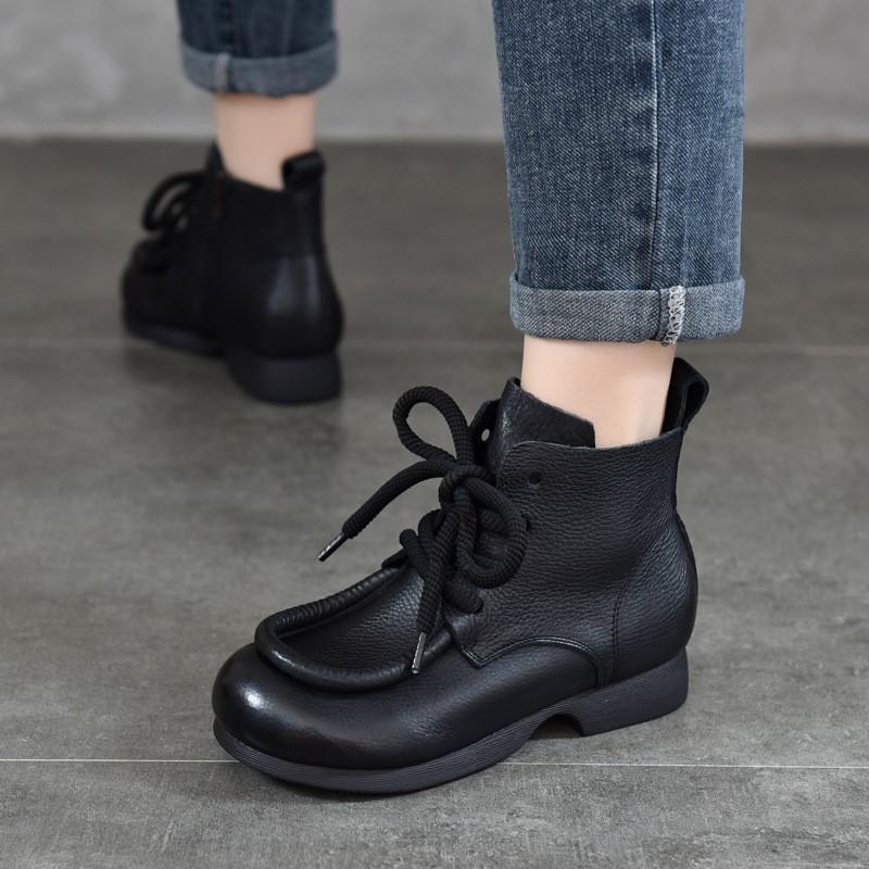 Johnature Vintage Cowhide Handmade Short Boots Genuine Leather Lace Up Round Toe Soft Soled Boots Women's Shoes