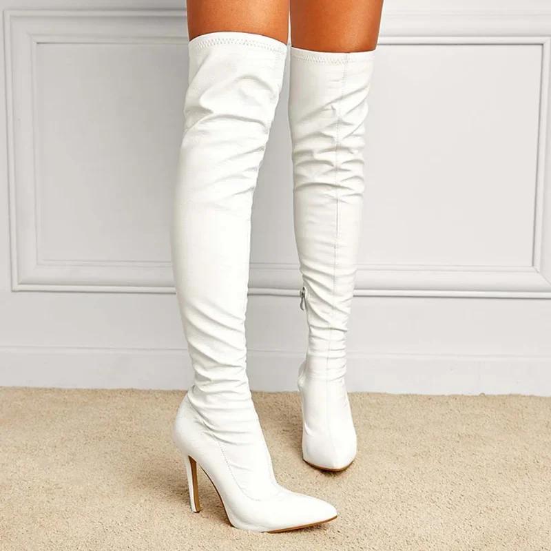 Damen Sexy Oberschenkelhohe Stiefel Schlangenprint Leder Spitze Über das Knie Seitenreißverschluss 11CM Dünner Hoher Absatz Partyschuhe