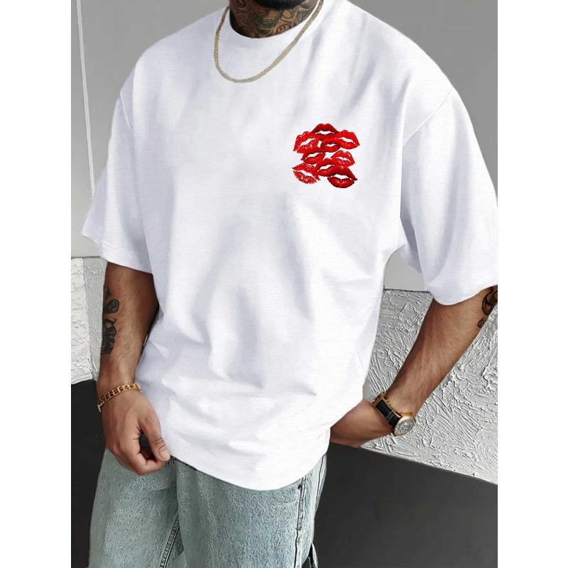 European Size Men's Casual Drop-Shoulder Printed T-Shirt with Lipstick Mark Pattern - Short Sleeve, Crew Neck, Summer Tee, Bold Lip Print Design