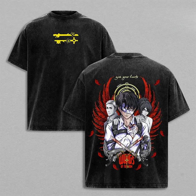 Attack On Titan Levi Ackerman Printed Tee Men Women Washed Cotton T-shirts Manga Retro T Shirt Harajuku Male Short Sleeve Tshirt S чёрный