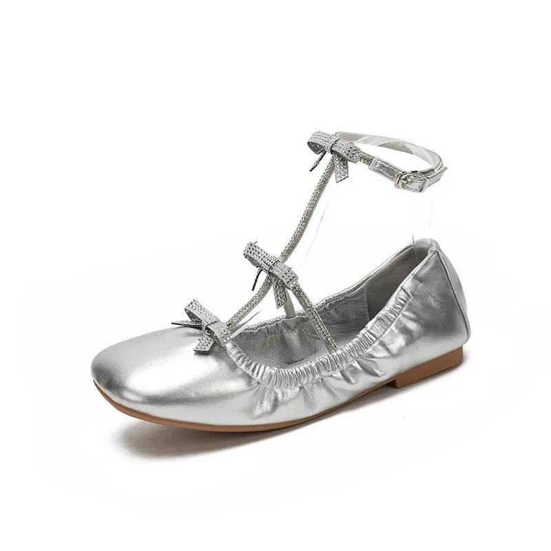 

Fashion French Vintage Heavy Duty Rhinestone Butterfly Knot Slip-On Flat Bottom Ballet Single Shoes Women Mary Jane Shoes 40 серебряный