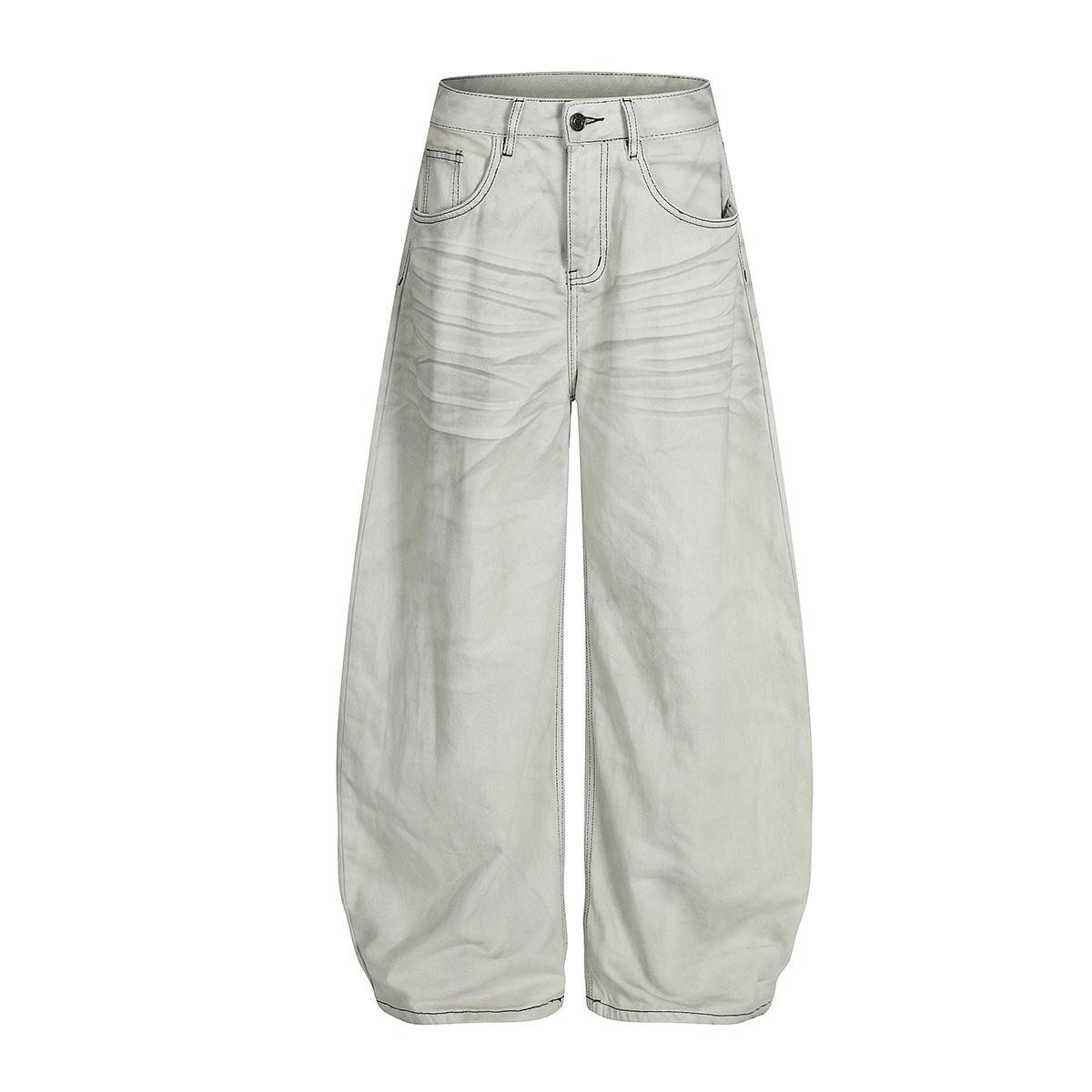 Men s Autumn American Retro Washed Old Scimitar Pants Loose Wide Leg Jeans S