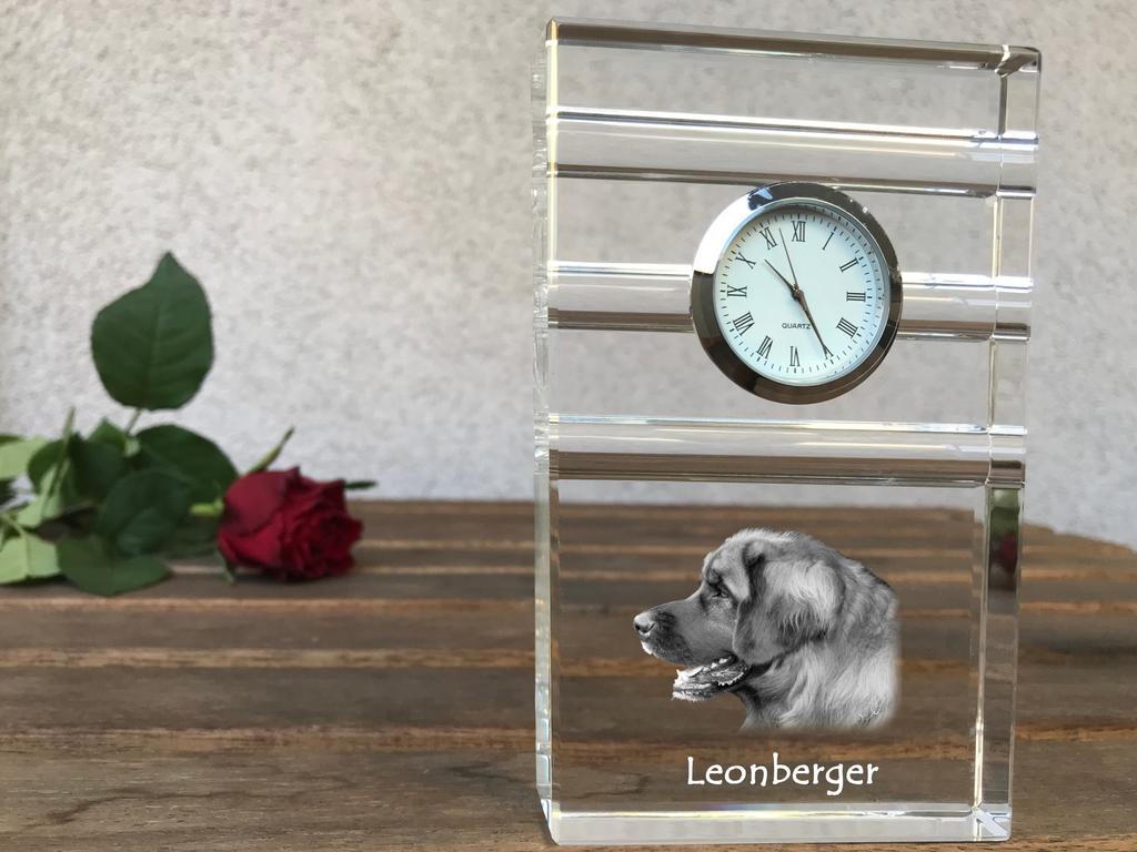 Leonberger - glass clock with a photo, photo of a dog in crystal, personalized standing office clock by Art-Dog brand