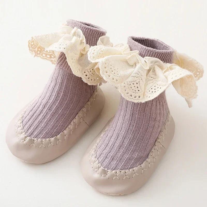 

New Baby Ruffle Socks With Rubber Soles Infant Sock Newborn Autumn Children Floor Lace Flowers Shoes Anti Slip Soft Sole Sock L 13CM&Cotton