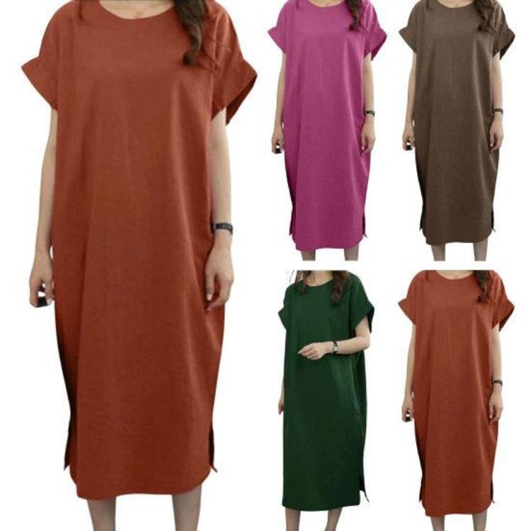 Plus Size Casual Summer Dress Loose Straight Short Sleeves O Neck Midi Length Side Split Hem Soft Breathable Commute Travel Women Dress