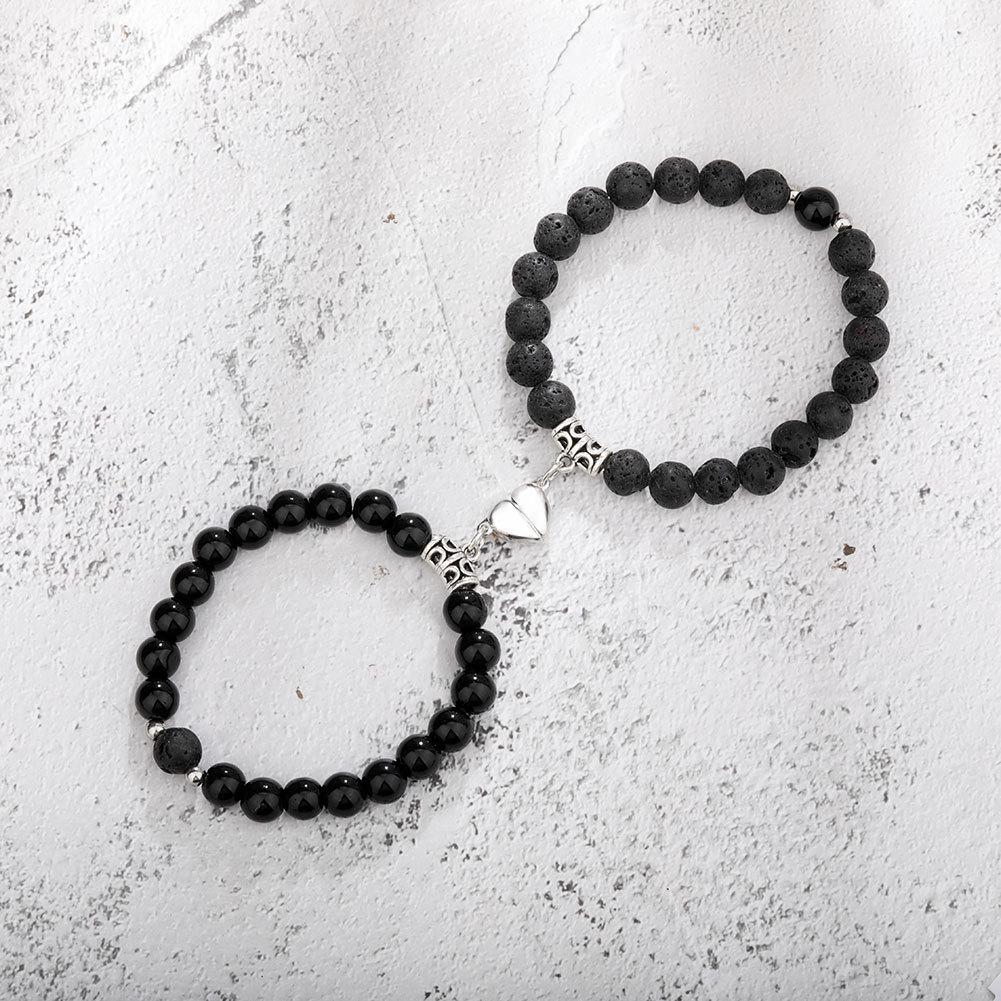 Heart Magnetic Couple Bracelet: Natural Stone, White Pine, and Tiger Eye Beaded Jewelry for Women