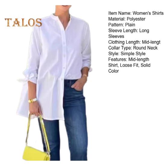 Women Long-Sleeved Shirt Commuter Solid Color Loose Fit Top Round Neck Mid-length Shirt for Work Parties Vacation