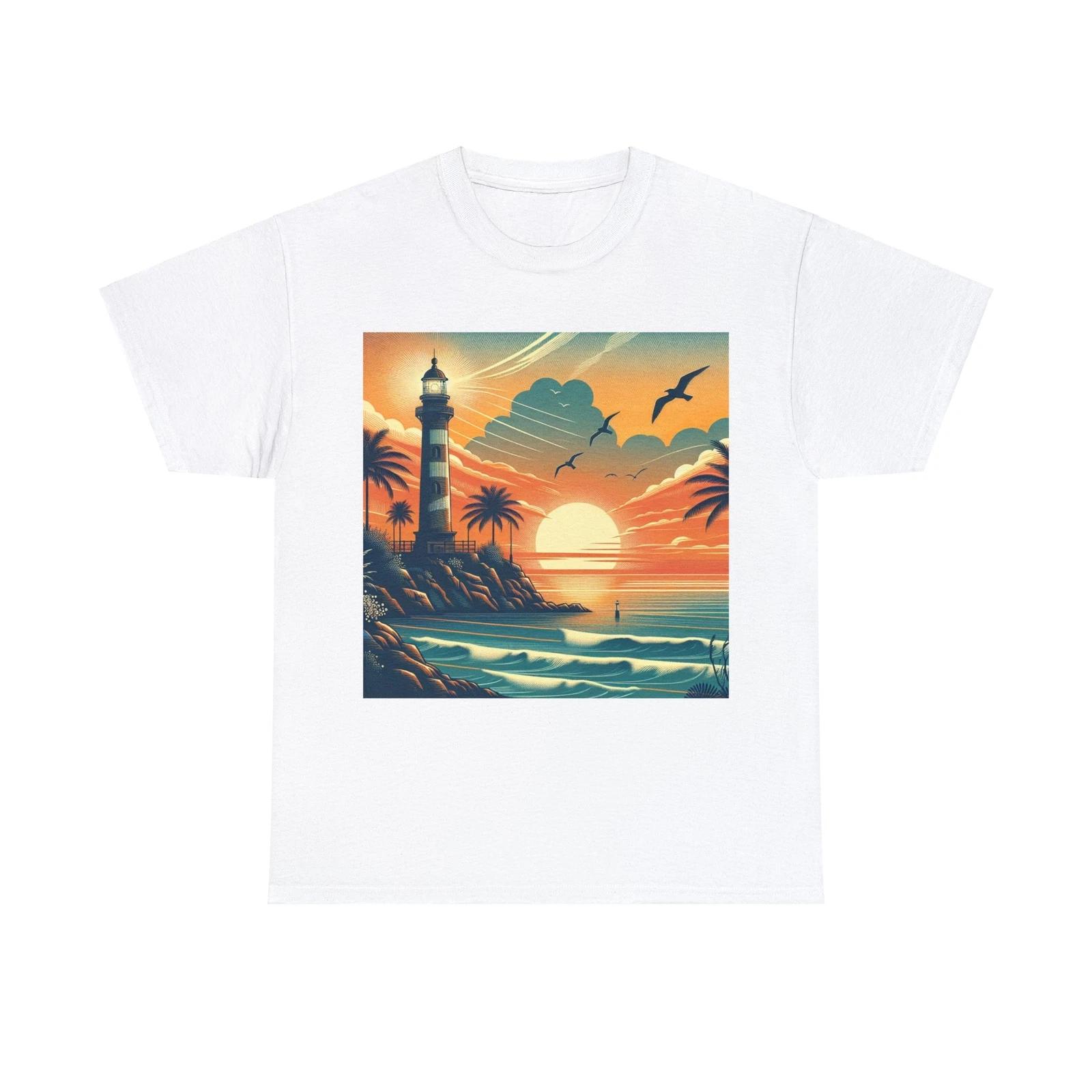 Unisex Adult T Shirt Serene Coastal Sunset Landscape Summer Tee Lighthouse 3XL